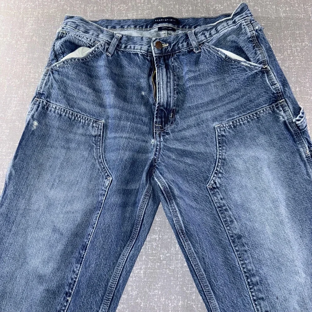 Aeropostale Carpenter Jeans Mens 35x31‎ Blue Denim Straight Leg Cargo Pockets